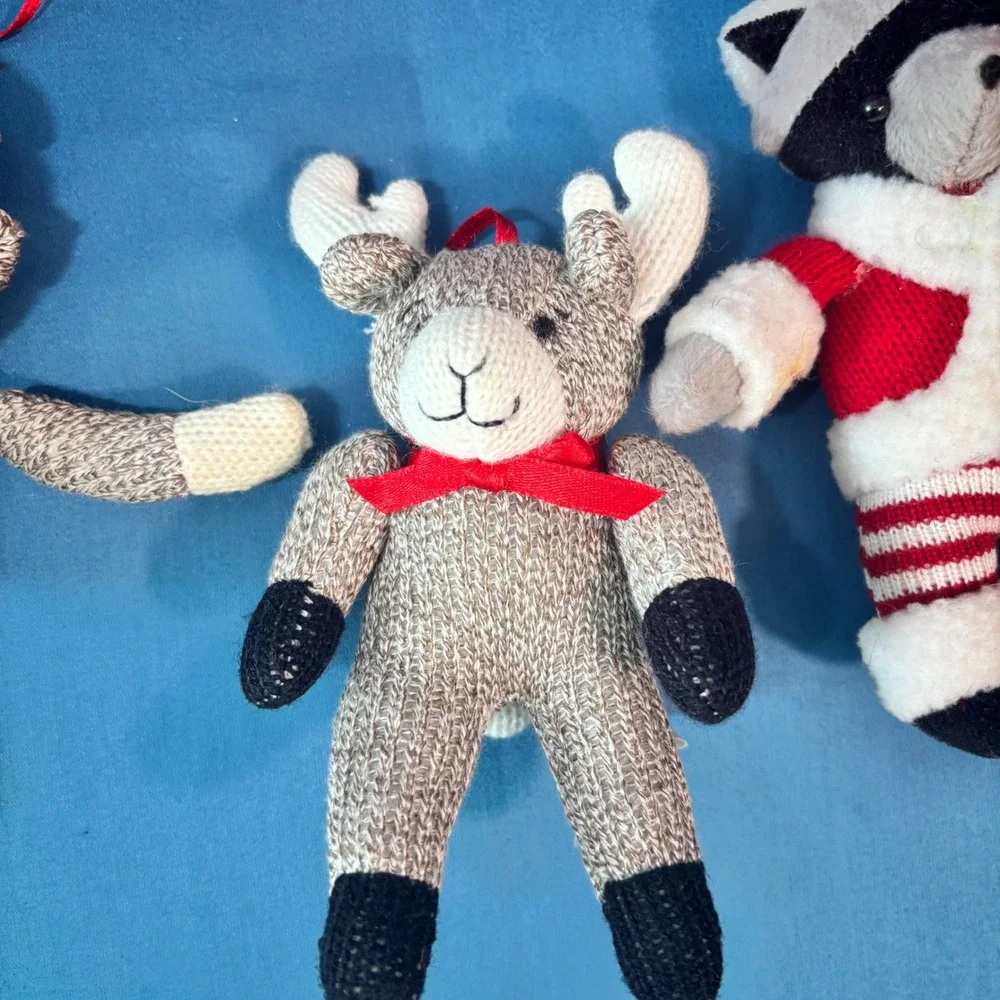 Midwest Cannon Falls Knit Christmas Ornaments Sock Monkey Moose Raccoon Lot of 3